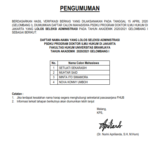 Pengumuman Hasil Seleksi Administrasi Program Doktor Ilmu Hukum Jakarta Fakultas Hukum Pengumuman Hasil Seleksi Administrasi Program Doktor Ilmu Hukum Jakarta Fakultas Hukum
